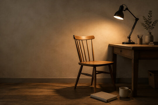 Wooden chair beside small desk with task lamp, journal and mug on floor, mindful learning concept