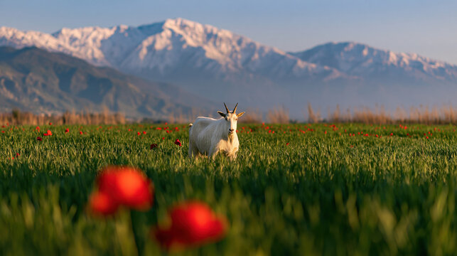 Goat grazing in a field of red flowers with snow-capped mountains background