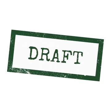 A rectangular green rubber stamp with the word DRAFT in a distressed typewriter font, isolated on a white background for document marking