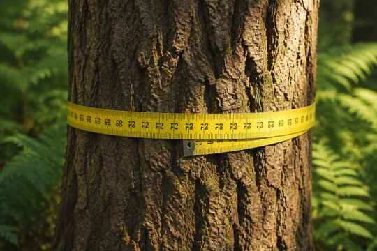 Yellow measuring tape wrapped around tree trunk for circumference measurement