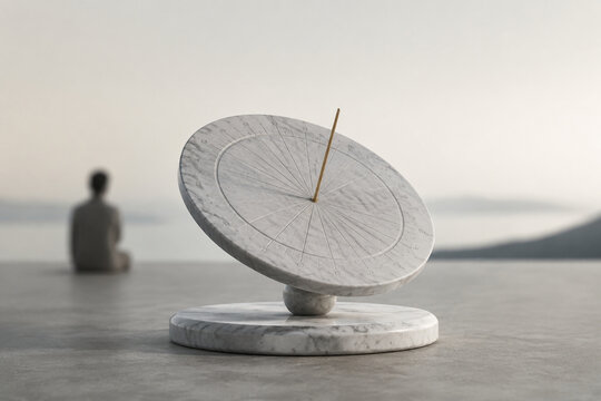 Marble sundial sculpture with blurred human silhouette, timeless calm and quiet space concept