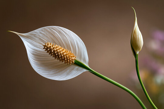 White peace lily flower blooming in nature with indoor plant spathiphyllum botanical