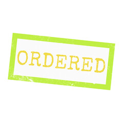 A bright lime green rectangular rubber stamp with the word ORDERED in yellow, featuring a distressed texture perfect for business document design