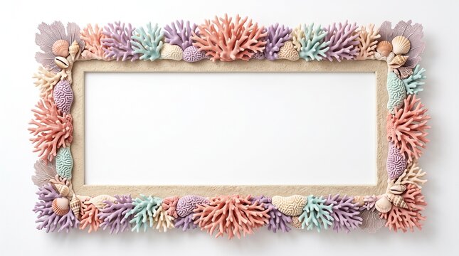 Pastel coral reef picture frame with seashells and marine life, nautical ocean border for summer beach photography, decorative sea life photo frame with pink and purple coral on white background.