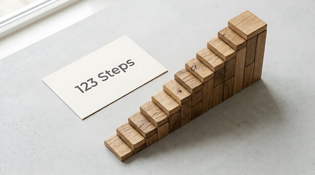 A wooden staircase representing 123 step with a note card on a gray table, illustrating growth and progress