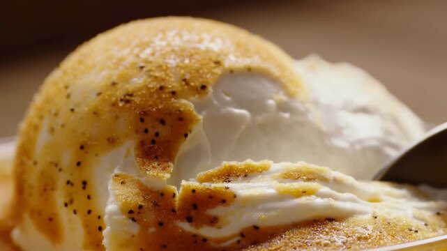 Metal spoon cuts through crisp caramelized sugar crust on a rounded frozen dessert, exposing smooth white creamy center in warm close-up food presentation with shallow focus