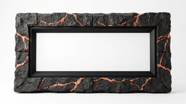 Volcanic rock frame with glowing lava cracks, dark stone border for cinematic display. Rugged obsidian texture picture frame on white background. Molten magma stone border for gaming and fantasy.