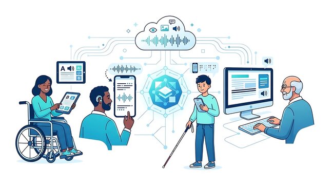 Diverse group of people using assistive technology and cloud computing services for digital accessibility.