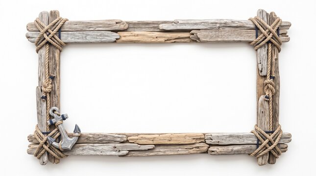 Rustic driftwood picture frame with nautical rope and anchor, weathered wood border for beach house decor, coastal maritime photo frame on white background, seaside themed wooden border for art.