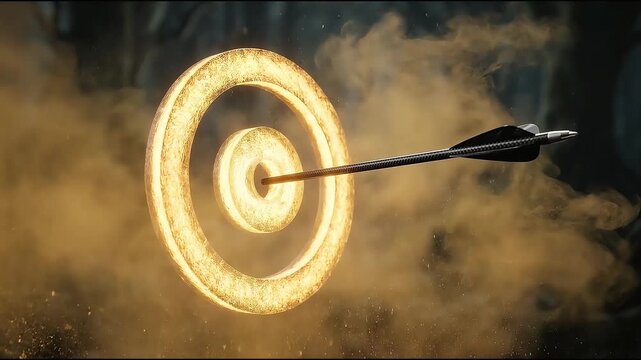 Cinematic motion graphics footage of an arrow hitting a glowing target in a dark forest.