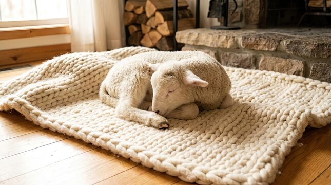 Cute lamb sleeping on wool blanket in rustic home