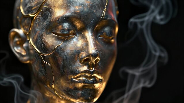 Metallic face with gold cracks, smoke swirling around it against a dark background.