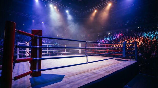 Boxing Arena Spectacle: A vibrant boxing ring illuminated by dramatic spotlights, with an energetic crowd visible in the background, creating an atmosphere of anticipation and excitement.