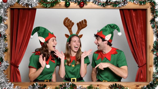 Three joyful elves in festive green outfits laugh together inside a decorated photo frame.
