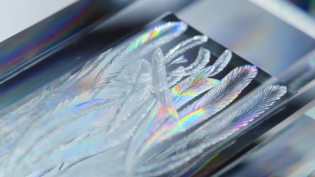 White frost crystals spread across a dark glass surface while rainbow reflections shimmer over delicate branching ice patterns in a close angled view with bright cool lighting