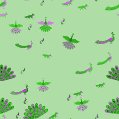 Obraz premium Stylized Peacocks and Foxes Pattern