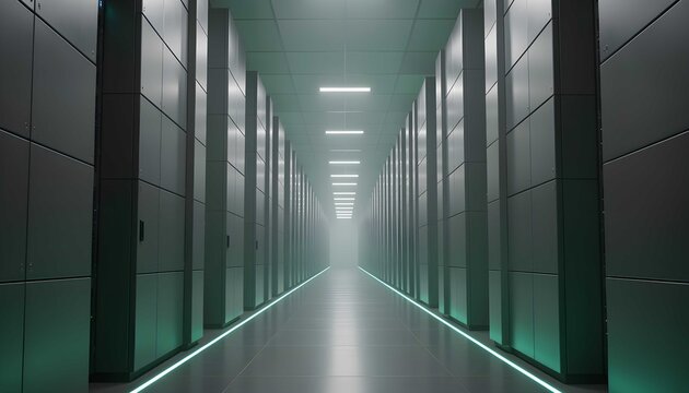 Premium computing infrastructure interior with cinematic architectural depth