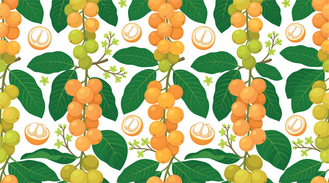 Langsat fruit seamless pattern vector background featuring tropical longkong duku clusters green leaves slices and small blossoms wallpaper template
