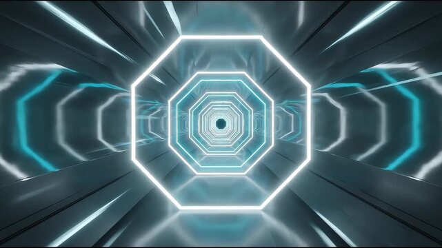 Futuristic blue neon octagon tunnel footage with glowing lights in a sci-fi motion graphics loop.