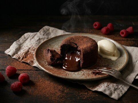 Chocolate Fondant Lava Cake Cut Showing Warm Molten Center Dessert