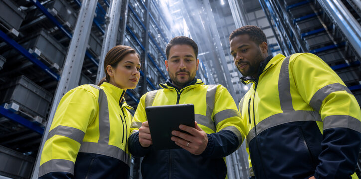 Diverse team of warehouse workers using a digital tablet for inventory management. Logistics employees discussing supply chain data in a modern distribution center