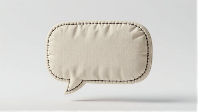 Stitched fabric speech bubble floats softly against minimalist white background.