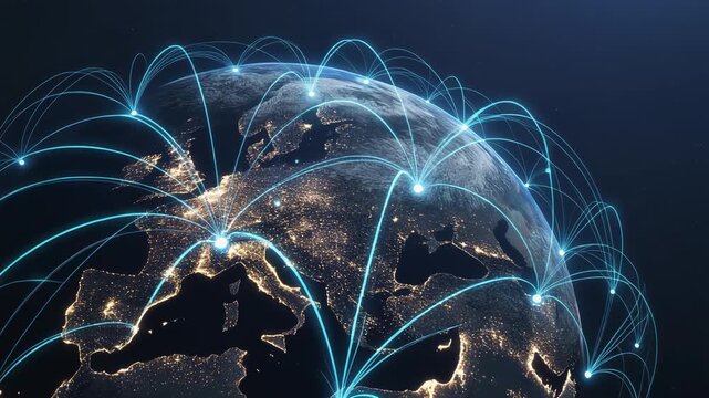 Global network connections growing across Earth during night digital data flow concept cinematic motion