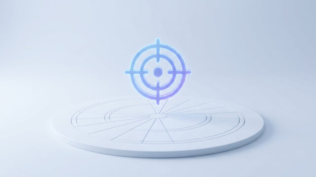 Data driven decision making concept with blue target symbol above circular platform, suggesting precision, strategy and focused planning