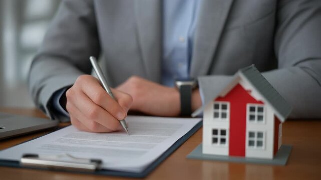 Hand signing contract document near miniature house during business deal on desk