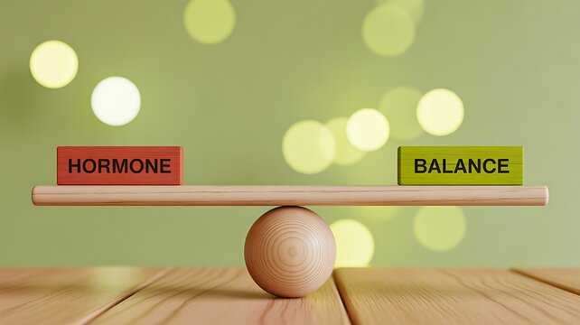 Hormone and balance concept with a wooden scale and neutral sphere on a soft green background