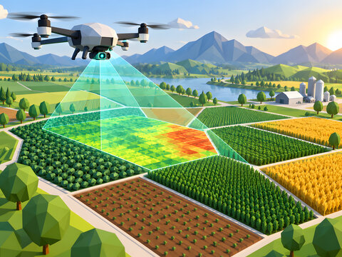 Low Poly Agricultural Drone Scanning Crops in Smart Farm Landscape