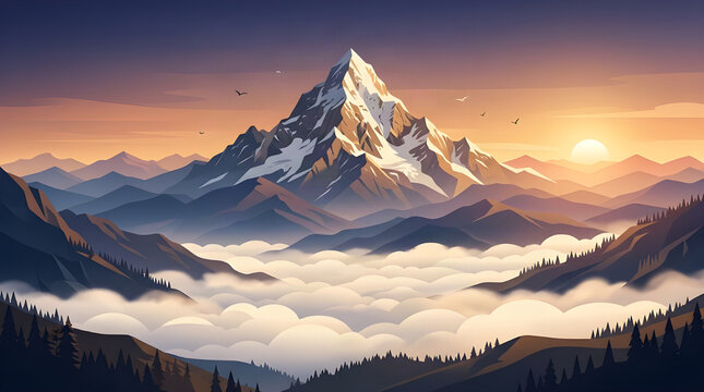 Majestic snowy mountain peak rising above thick rolling clouds at sunset with cloud sea