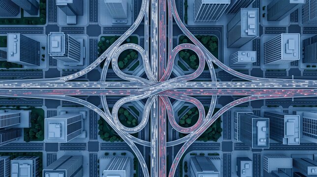 Aerial top down view of massive complex highway interchange with glowing light trails through a dense urban city district and modern skyscrapers at night.