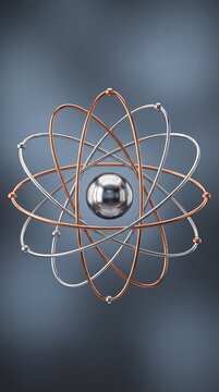 A gleaming metallic atom model with orbiting electrons symbolizes scientific discovery and theoretical physics.