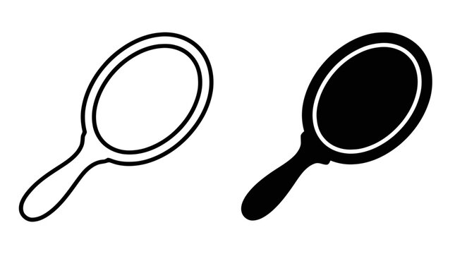 Vector illustration of hand mirror icon set, simple outline and solid silhouette on a transparent background
