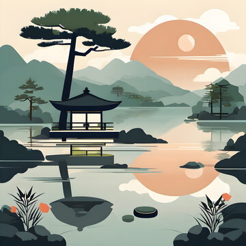 Modern Japanese Flat Illustration Of A Zen Garden With Pond