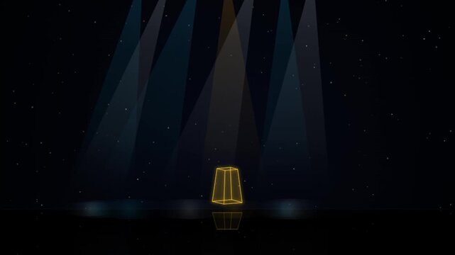 Glowing golden trapezoidal prism on a dark stage