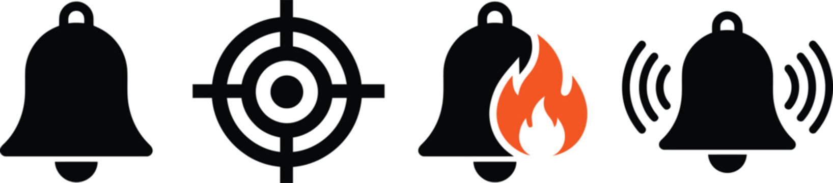 Set of notification bell icons including alert sound and fire warning symbols in flat black design with bell icon fire alarm warning sign