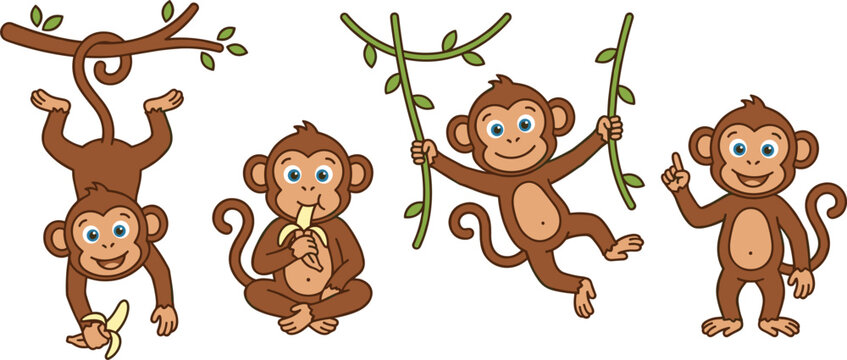 Cute monkey cartoon character collection featuring playful jungle primates swinging on vines hanging from branches and eating bananas for children educational graphic designs.