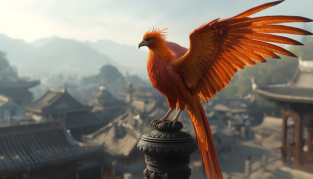 Majestic phoenix perched atop ornate pedestal overlooking ancient traditional architecture reflecting mythical creature legend for fantasy cultural concept imagery.