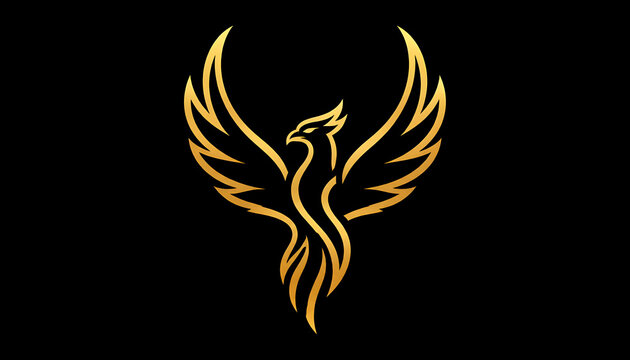 Minimalist golden phoenix emblem featuring elegant wings spread design isolated on dark background for luxury branding identity or corporate graphic mascot logo.