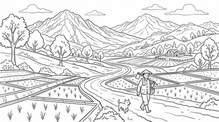 Fototapeta premium Farmer walking with dog through rural rice field mountain landscape coloring page illustration