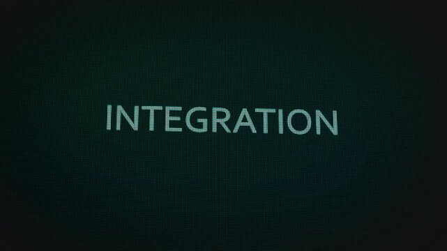 Integration word text typing animation on a computer screen in After Effects. Motion graphics highlight collaboration, systems, and modern digital technology concepts.