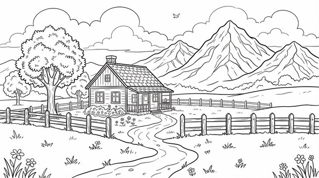 Hand drawn landscape coloring page featuring a cozy cottage nestled in a serene mountain valley with a winding path and wooden fence