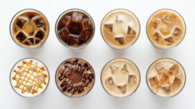 Top Down Grid 8 Different Iced Espresso Drink Variations Pure White Background Consistent Glass Size Ice Level No Text Logos

