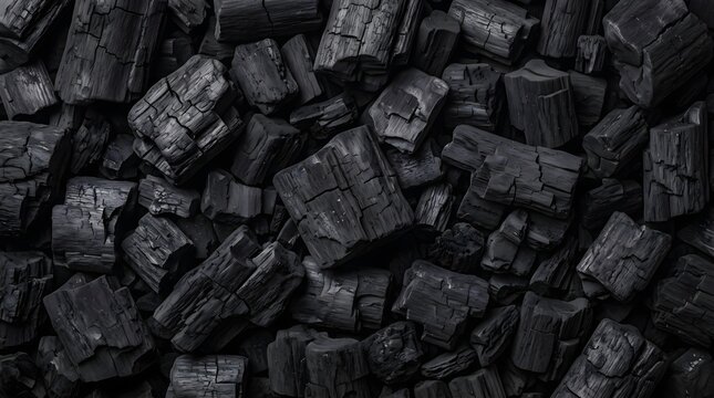 Top view of black natural wood charcoal pieces, charcoal texture for fuel background.