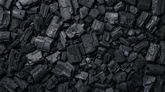 Top-down view of black charcoal pieces used for fuel in grade grilling
