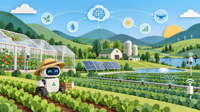 Paper Cut Smart Farm Landscape with White Robot and AI Agriculture Icons