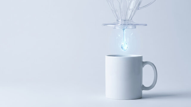 White mug, water droplet, glass vessel, data driven decision making concept