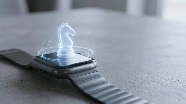 White knight chess piece on smart watch with data driven decision making concept and glowing light on modern table surface